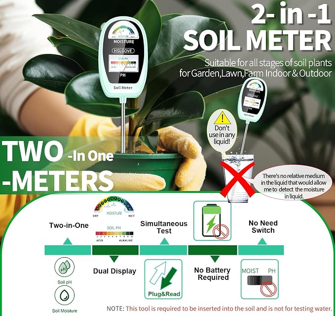 HSLGOVE Soil Test Kit, 2-in-1 Soil Moisture Meter/Soil PH Meter, Dual Screen Soil Tester, Soil Moisture Meter for Plants Watering/Gardening for Lawn,Farm Indoor&Outdoor Use-Soft Green