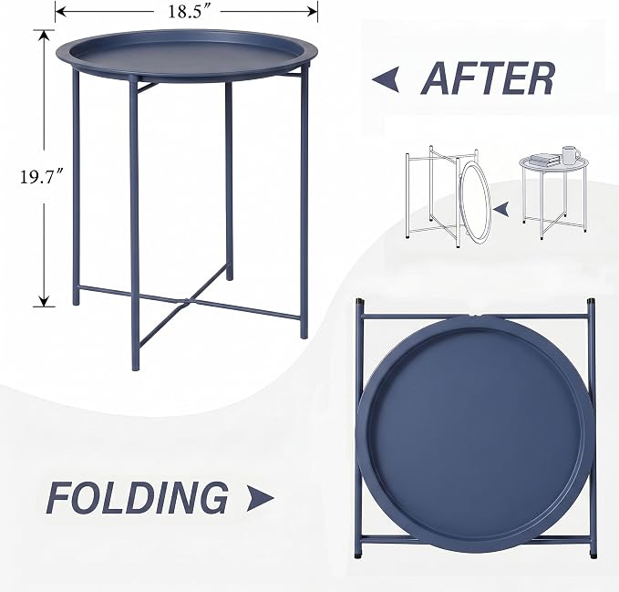 VECELO Side/End Table, Folding Round Metal Anti-Rust and Waterproof Outdoor or Indoor Tray for Living Room Bedroom Balcony and Office, 1 PCS, Blue