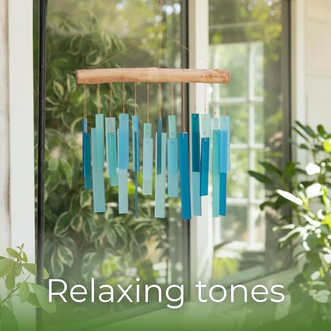 Solange & Frances Glass Wind Chimes for Outside. Handmade Hanging Wind Chimes Coastal Beach Decor with Natural Driftwood Top, Outdoor Decor Gift for Women, Gifts for Mom, Birthday Gifts for Women