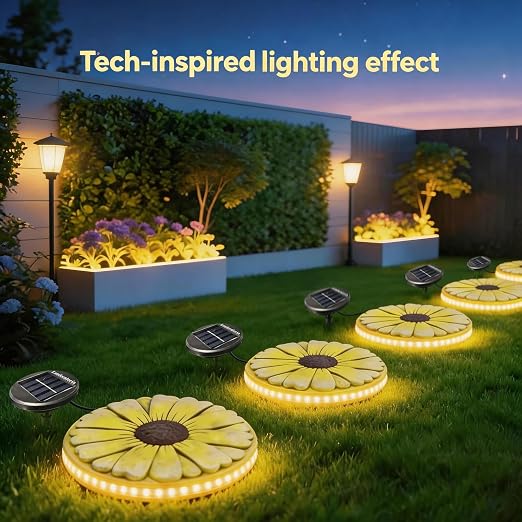 Solar Stepping Stone that Lights Up at Night, 10" Cement Daisy Flower Garden Path Stone, Non-Slip Weather-Resistant Outdoor Yard Walkway Decor (Yellow)