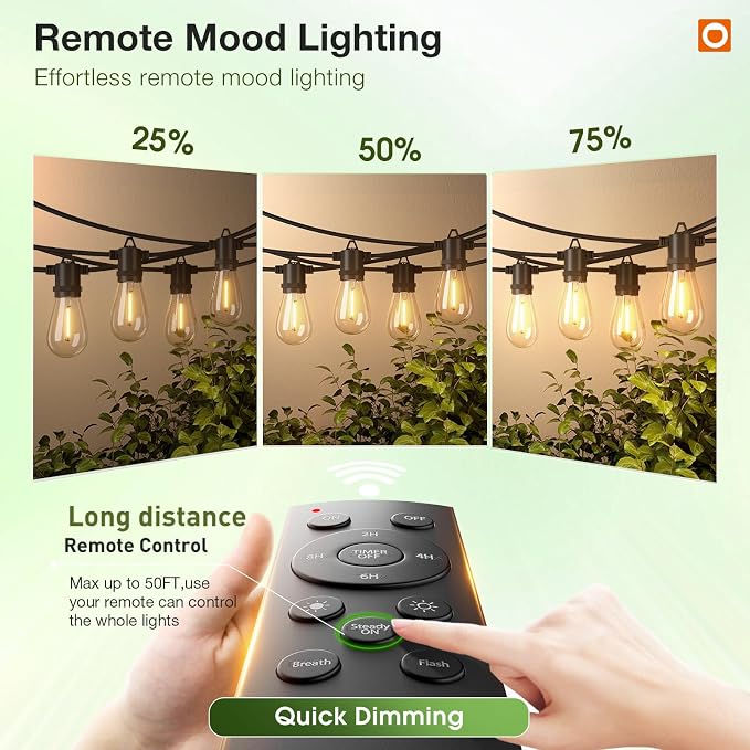 addlon 150FT LED Outdoor String Lights with Remote Dimmable Patio Lights with Timer & 3 Lighting Modes, 48 Shatterproof Edison Bulbs, Waterproof Shatterproof Hanging for Outside Backyard Porch Party