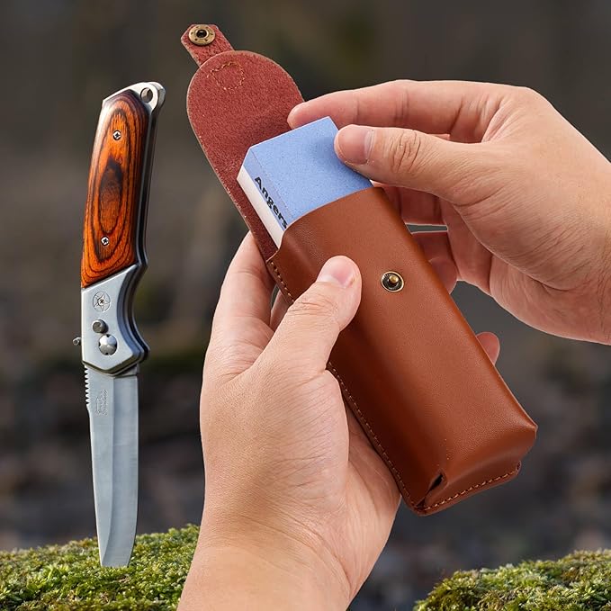 Angerstone Pocket Knife Sharpener Stone 1000/6000 Kit-Professional Whetstone Knife Sharpening Stone - field Sharpening Stones for Knives with Cowhide Pouch for Bushcraft, Camping, Field Use
