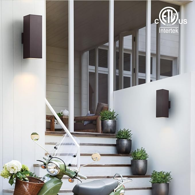 mirrea 18" Modern Outdoor Porch Light Patio Light in 2 Lights with Aluminum Rectangular Tube and Tempered Glass Cover Waterproof Wall Sconce 2 Pack (Oil Rubbed Bronze)