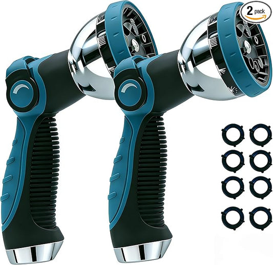 Garden Hose Nozzle Heavy Duty, Metal Water Hose Sprayer with 10 Adjustable Spray Patterns, Thumb Control On Off Valve, High Pressure Hose Nozzle for Watering, Cleaning, Car Washing - 2Pack