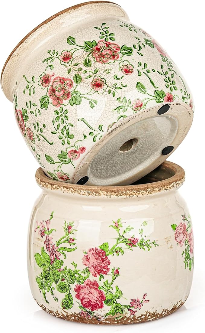 Sungmor Set of 2 Farmhouse Ceramic Planters with Drainage Hole,Vintage Crackle Glaze Flower Pots, Tuscan Decor Pots for Indoor/Outdoor Herbs,Succulents and Small Flowers