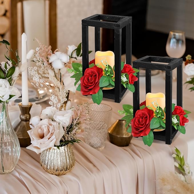 Hushee 60 Pcs Integrated Wedding Lantern Centerpiece Rustic Wooden Holder with Candles and Rings Farmhouse Candle Lantern Decor for Home Valentine Wedding Party Table Decor (Black and Red)
