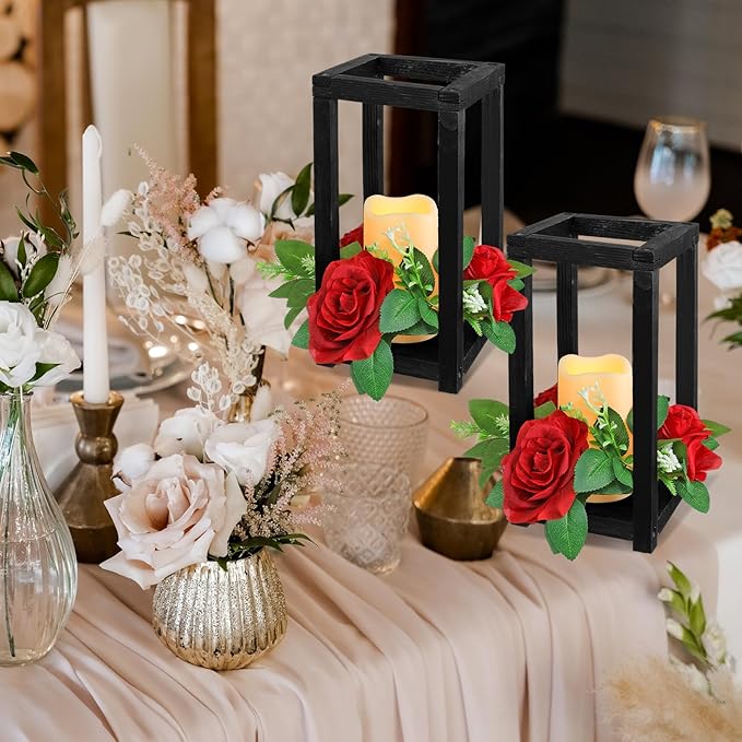 Hushee 30 Pcs Integrated Wedding Lantern Centerpiece Rustic Wooden Holder with Candles and Rings Farmhouse Candle Lantern Decor for Home Valentine Wedding Party Table Decor (Black and Red)