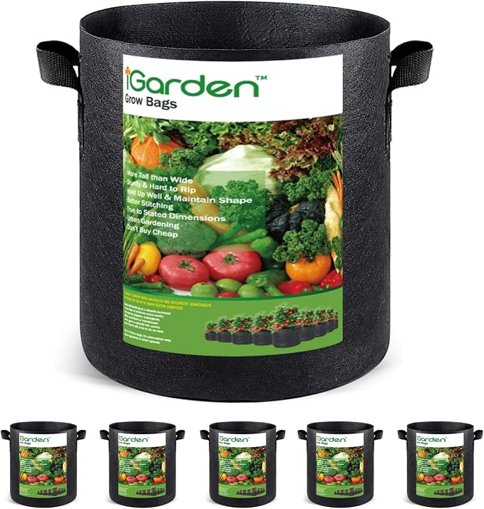 iGarden Grow Bags Tall,15 Gallon Grow Pots 5 Pack with Handles, Heavy Duty 320G Thickened Nonwoven Fabric Plant Bag for Vegetables, Black