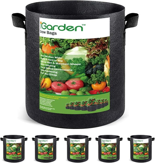 iGarden Grow Bags Tall,15 Gallon Grow Pots 5 Pack with Handles, Heavy Duty 320G Thickened Nonwoven Fabric Plant Bag for Vegetables, Black