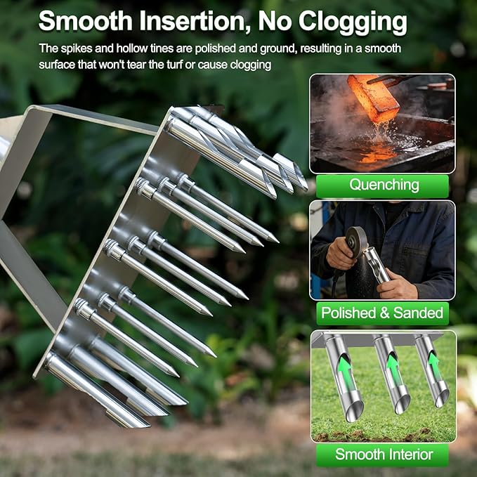 2 in 1 Lawn Aerator & Core Aerator Tool, Stainless Steel Spike Manual Dethatching & Soil Aerator Lawn Tool with 9 Spikes & 6 Cores, Semi-Assembled Grass Aerator for Lawn, Yard Plug Aerator