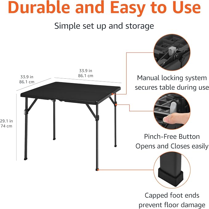 Amazon Basics 34 inch Portable Sturdy Folding Dining Table with Carrying Handle, Space Saving Storage, Square, 33.9 x 29.1 x 33.9 inch, Black | Folding