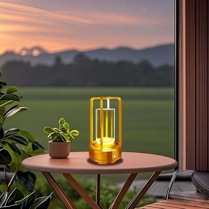 Set of 2 Outdoor Table Lamp, 4000mAh Rechargeable battery operated lamp, 3 Color Stepless Dimmable Cordless Table Lamp for Patio, Camping, Coffee table, crystal lantern lamp for Indoor/Outdoor (Gold )