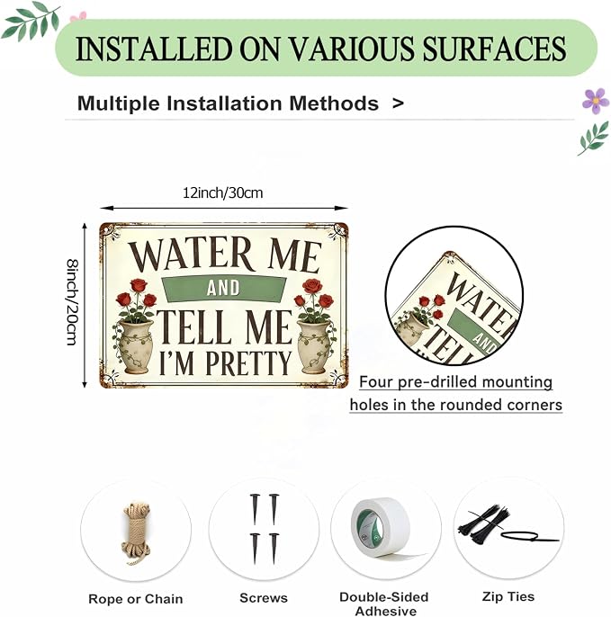 Funny Garden Signs, Vintage Garden Gift, Garden Decor for Outside, Water Me and Tell Me I'm Pretty Sign, Weatherproof Aluminum Outdoor Decor for Patio Yard Greenhouse Home, Wall Decor 12x8 Inch