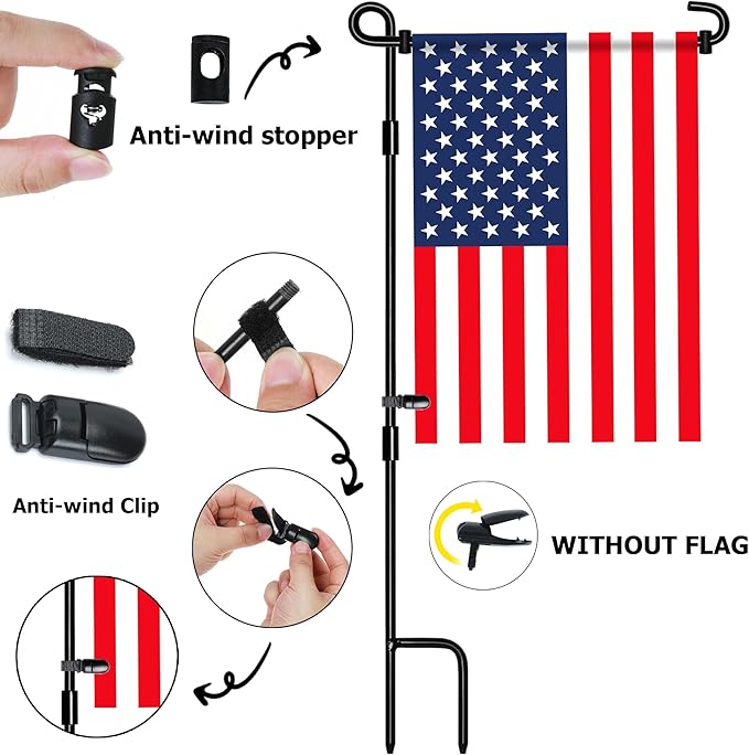 Garden Flag Stand,12x18 Garden Flag Holder for Lawn Yard,Premium Yard Sign Stakes Hanger with Clip and Two Stoppers,Metal Mini Banner Flagpole for Outside Christmas Memorial Labor Decorations