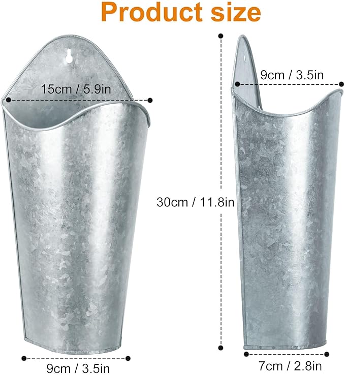 6 Pack 12 Inch Tall Galvanized Metal Wall Planter, Metal Wall Vases, Galvanized Hanging Wall Vase Planters for Flowers,Rustic Home Wall Decor, Farmhouse Decor