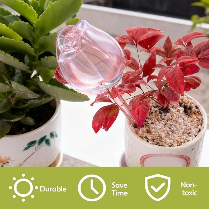 Creative Flower-Shaped Self Watering Globes for Indoor Outdoor Plants – 2"x2"x5" PVC Automatic Drip Irrigation Bulbs for Vacation – Cute Lazy Watering System for Garden & Home Decor (Pink)