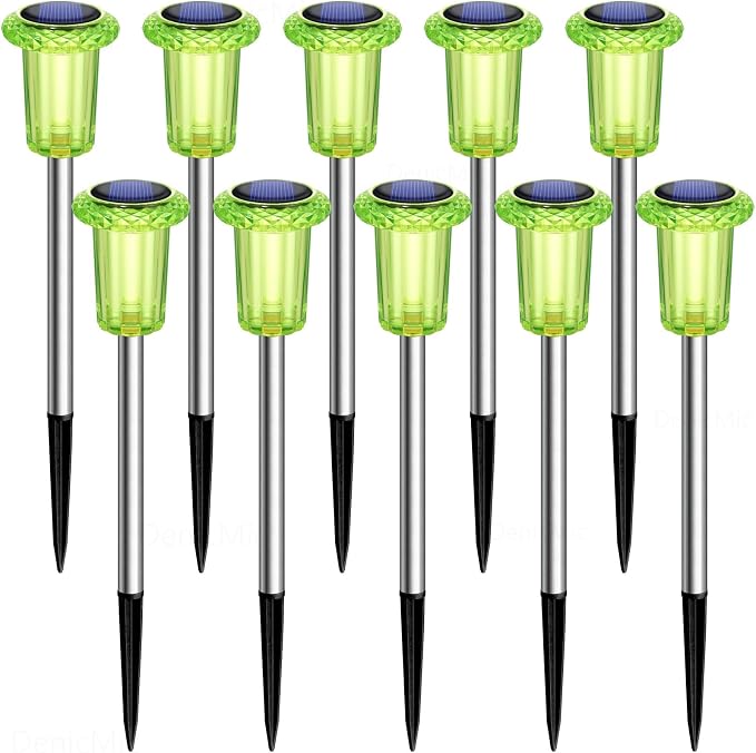 DenicMic Solar Lights Outdoor 10 Pack Waterproof Outside Lights for Yard Pathway Garden Driveway Walkway Landscape Path Lighting Green LED Stainless Steel Stake Halloween Decor