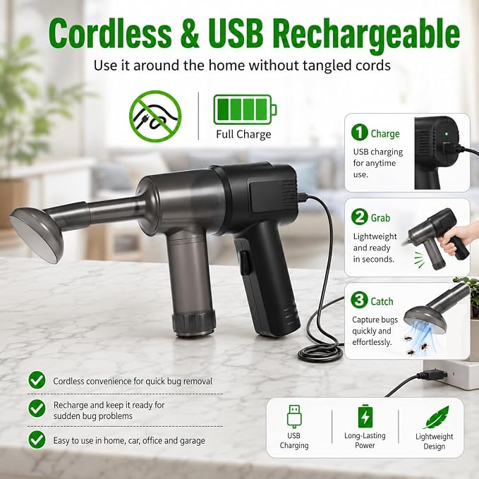 2026 Bug Vacuum Catcher,Cordless Handheld Spider&Insect Catcher with Strong Suction,USB Rechargeable Bug Sucker for Stink Bugs,Moths,Cockroaches,Flies,Indoor Home Car Kitchen Use,Safe for Kids&Adults