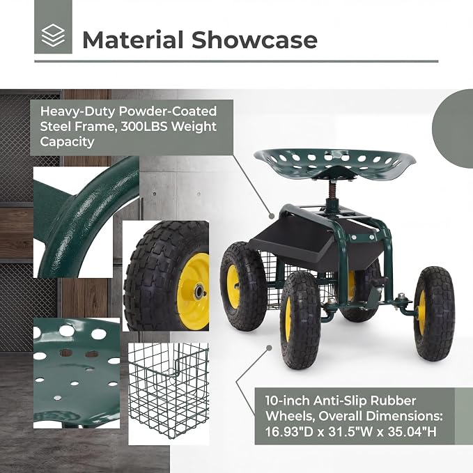 Kintness Garden Cart Rolling Wagon Scooter for Planting Swivel Work Seat with Tool Storage Utility Basket, Garden Scooter with 10" inch Wheel for Garden