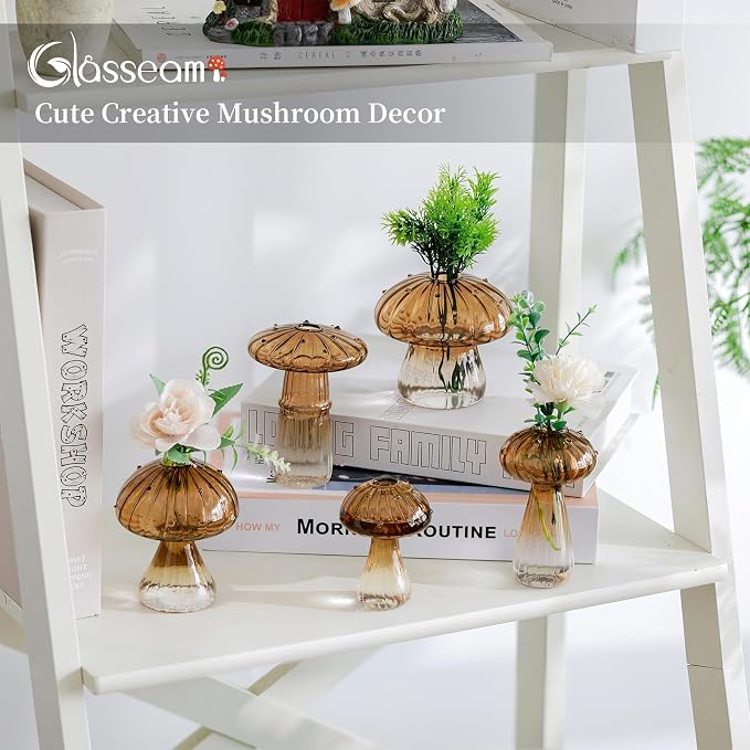 Glasseam Mushroom Plant Propagation Stations: Amber Glass Terrarium Jar Set of 10 Cute Planters for Indoor Plants Mini Propagate Station Unique Christmas Birthday Gifts for Women Home Office Decor