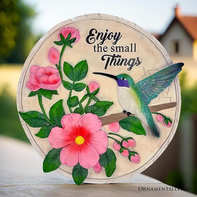 OrnamentallyYou Elegant Resin Stepping Stone, Outdoor Garden Pathway Decoration (Enjoy The Small Things Hummingbird Stepping Stone, 9.5" Decorative Garden Appreciation Gift)