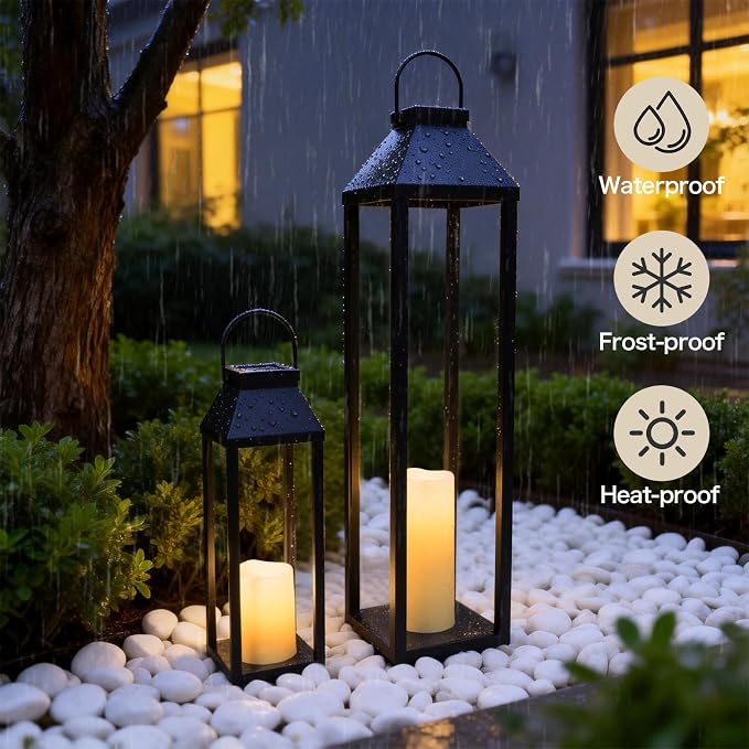 Large Outdoor Solar Lanterns Waterproof, Tall Farmhouse Black Metal Decorative Lanterns Solar Lights Outdoor for Front Porch Decor Outdoor Patio, Garden, Balcony, Porch, 27.6",16.3"-Set of 2