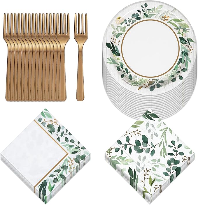 Eucalyptus Greens Garden of Love Bridal Party Supplies - Paper Dessert Plates, Beverage Napkins, and Forks (Serves 16)