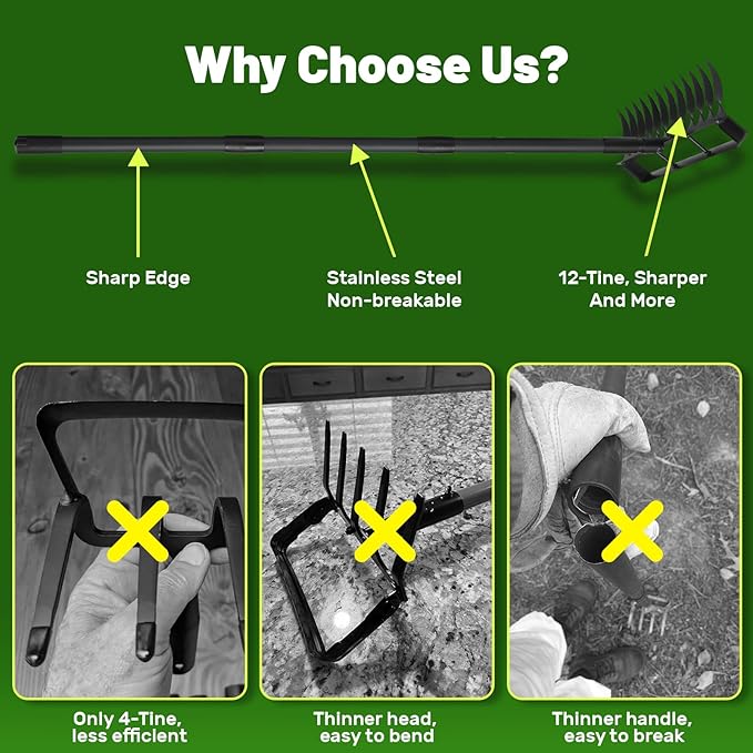 Weed Puller Tool with 76" Long Handle, 2 in 1 Hula Garden Hoe Tool, 12 Tines Garden Weeders Rake and Cultivators Tillers for Gardening, Weeding, Seeding, Ditching, Loosening