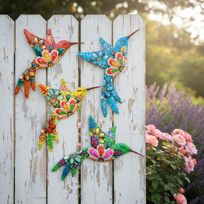 Cruis Cuka Outdoor Metal Wall Art Garden Decor for Outside Colorful Hummingbird Fence Art - (Set of 4,ColorF)