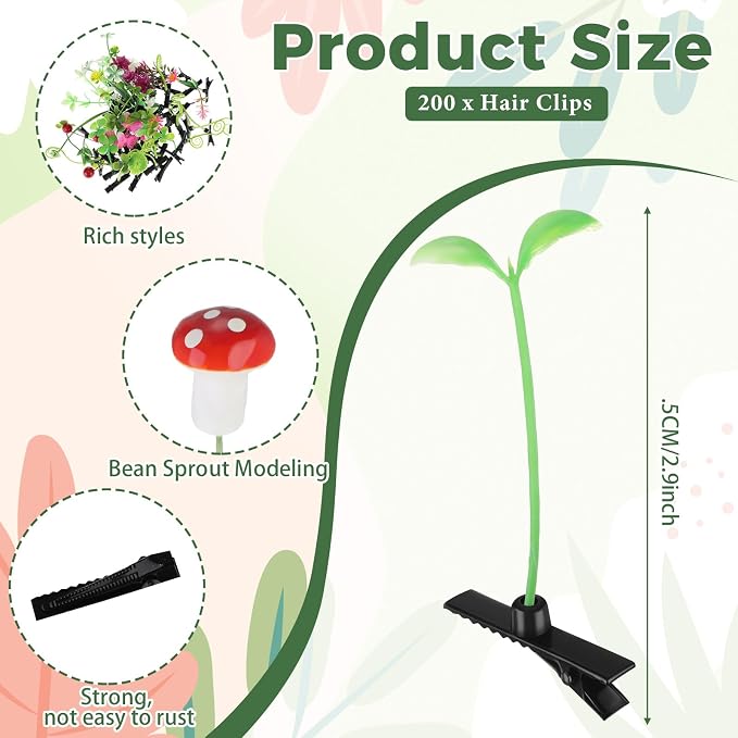 Tigeen 100 Pcs Rave Sprouts Bean Sprout Funny Hair Clips Mixed Style Plant Hairpins Hair Accessories for Home Party Irish(Mixed Style)