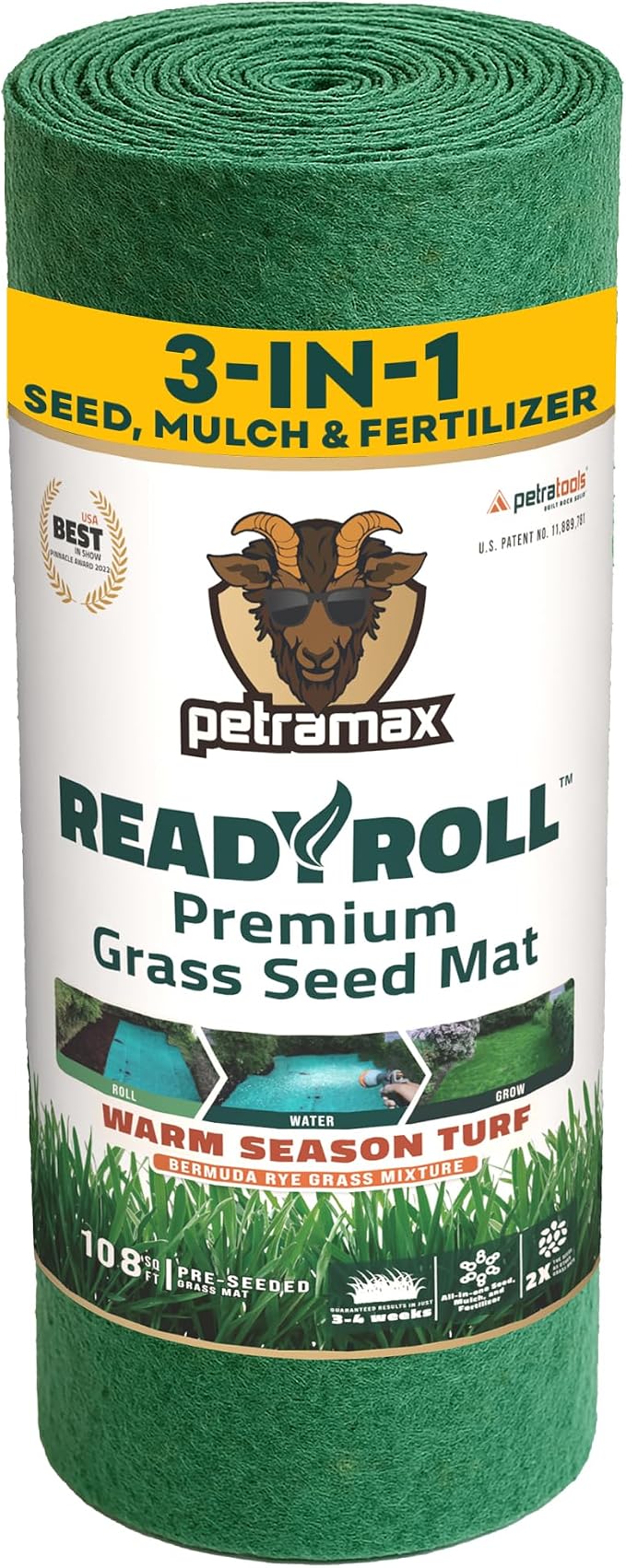 Petramax ReadyRoll Biodegradable Bermuda Grass Seed Mat for Southern Lawn (108 ft.) 3-in-1 Grass Seed Rolls w/Mulch & Fertilizer - Perennial Rye, Tall Fescue Blend - Heat Tolerant Lawn Repair Patch