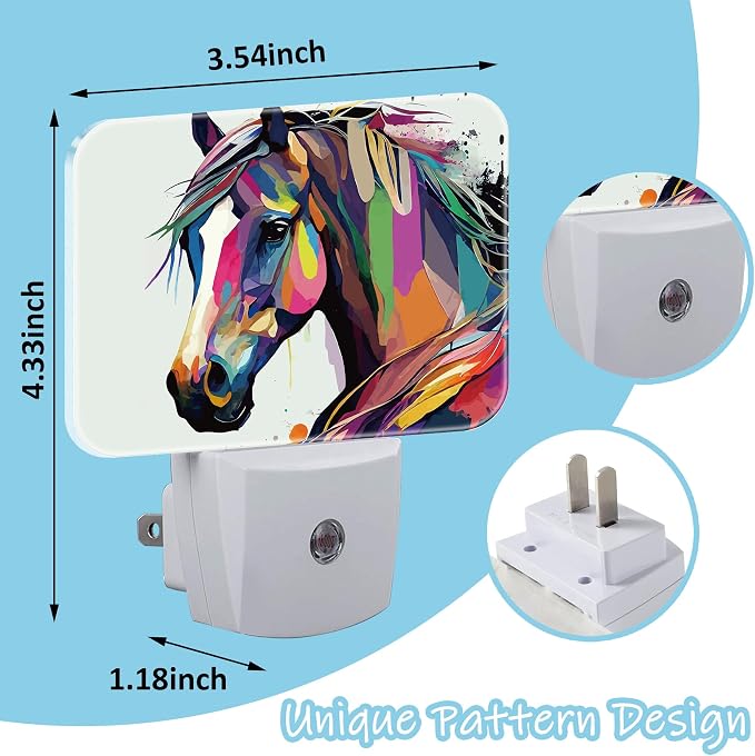 Night Light Watercolor Horse Plug-in Wall LED Night Lamp with Dusk-to-Dawn Smart Sensor Lamp for Adult Bedroom Living Room Hallway Kitchen
