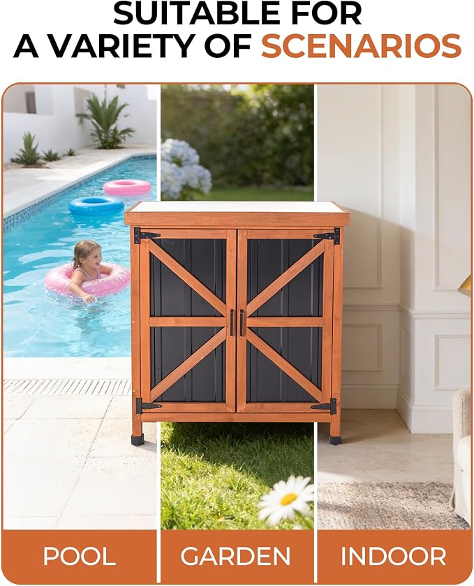 Black Metal Outdoor Storage Cabinet with X-Design Doors & Wood Frame, Metal Top Potting Bench Weatherproof for Patio, Garden & Backyard, 31.5"x 17.7"x 35.4"Tool Outdoor Shed
