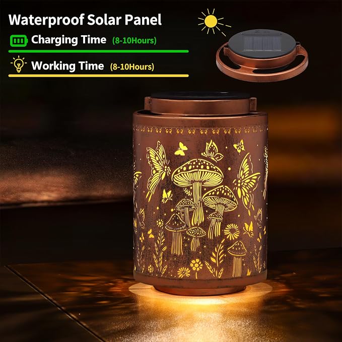 Solar Lanterns Outdoor Waterproof Mushroom Butterfly Garden Decor Gifts for Women Mon Grandma Metal Hanging Solar Lights Decoration for Outside LED Lanterns for Yard Patio Lawn