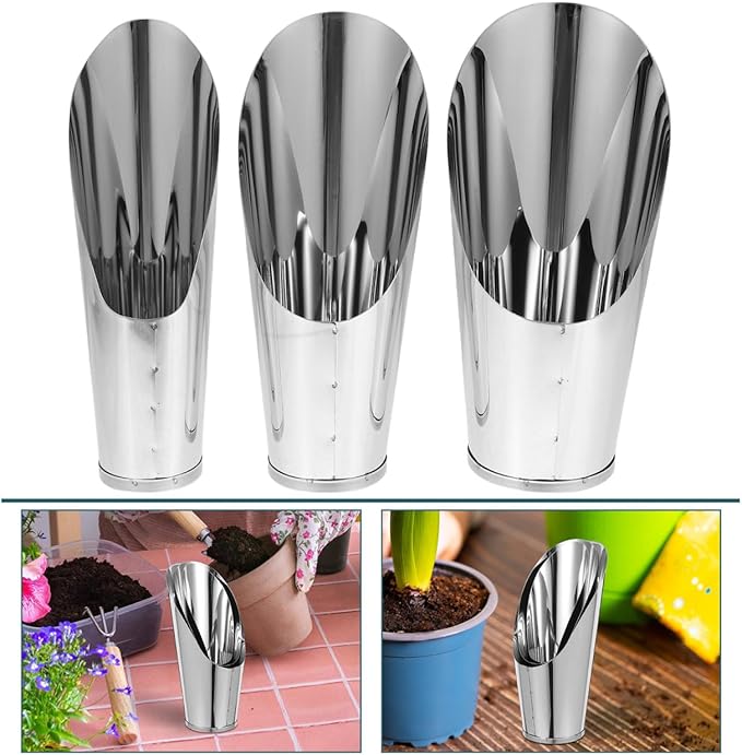 Abaodam 3pcs Stainless Steel Soil Scoop Set Gardening Hand Tools for Planting Succulents and Bonsai with Bucket-Shaped Shovels in Small, Medium, Large Sizes