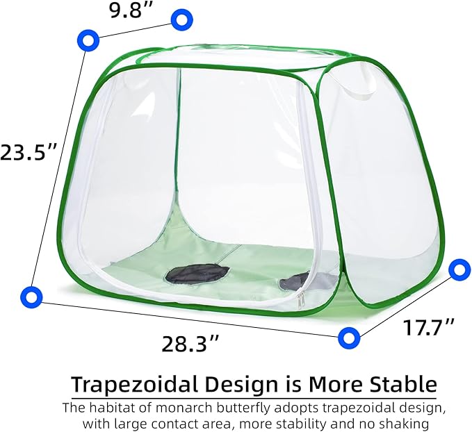 Outdoor Pop-up Large Insect and Butterfly Net Habitat，with Rainproof top Cover Increase Survival Rate, Windproof Trapezoidal Design，Collapsible Caterpillar Growing Mesh Cage Terrarium