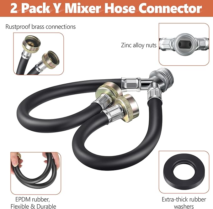 Dreyoo Rubber Washing Machine Y Hose, 3/4 Inch Brass Fittings, 1 ft (12 Inch) Length Hot and Cold Water Supply Y Mixer Hose Connector for Washing Machines Outdoor Garden Faucets(Black,1 Pcs)