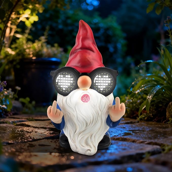 Gnome Statue with Solar LED Glasses, 8.3 in Funny Garden Gnome Statue for Outdoor Decor, Naughty Gnomes Ornaments for Home, Yard, Lawn, Patio and Balcony Decoration
