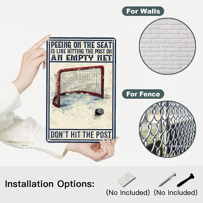 Metal Tin Sign Funny Hockey Wall Decorate Don't Hit The Post Sign for Home Man Cave Garage Bar Basement Decor 8x12Inch