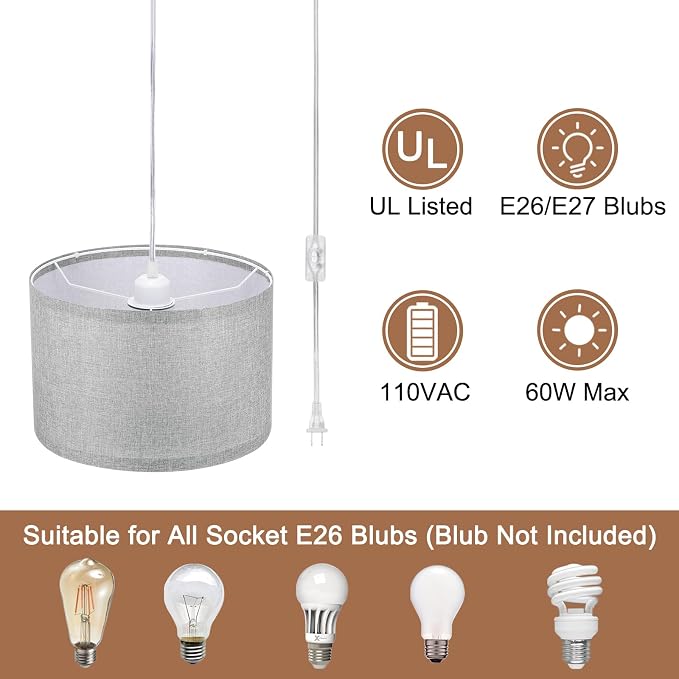 PATIKIL Plug in Pendant Light, 15Ft Rope Cord Hanging Lamp Fixture with ON/Off Switch, Fabric Shade E26/E27 Bulb Socket for Bedroom Kitchen Living Room, Dark Gray