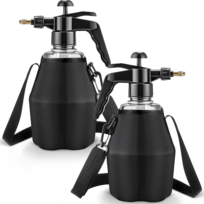 Teenyyou 2 Pcs 1.5 Liter Misters Spray Pump Bottle with Full Neoprene Jacket and Built in Carrying Strap Garden Plant Mister Spray Bottle for Spring Personal Cooling Plants Watering (Black)