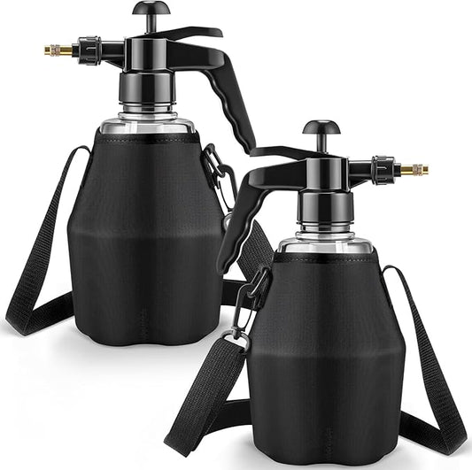 Teenyyou 2 Pcs 1.5 Liter Misters Spray Pump Bottle with Full Neoprene Jacket and Built in Carrying Strap Garden Plant Mister Spray Bottle for Spring Personal Cooling Plants Watering (Black)
