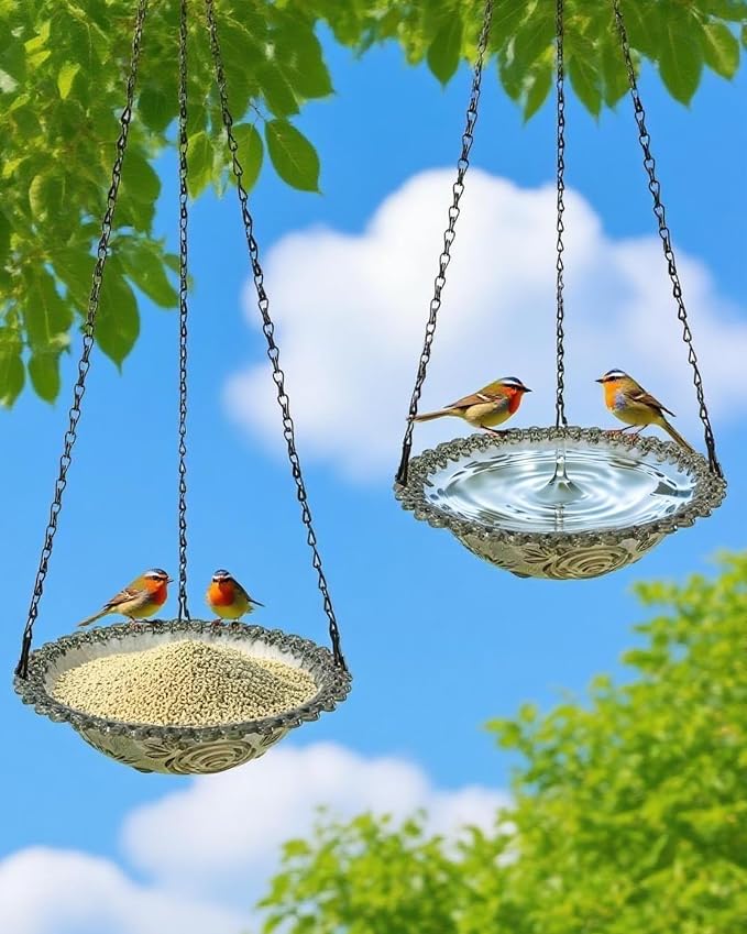 2 Pack Hanging Bird Baths and Feeders for Outdoors, Plastic Bird Bath Bowl & Hanging Feeder for Garden Yard Decor,Mist Grey