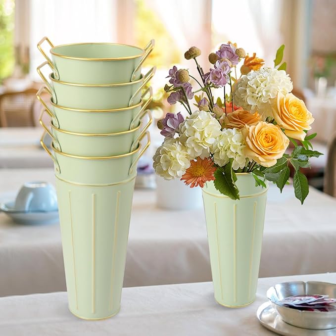 10 PCS 9 Inch Tall Galvanized Flower Buckets, Metal Flower Vase, Rustic Farmhouse French Flower Buckets with Handles for Wedding, Home Décor(Green)