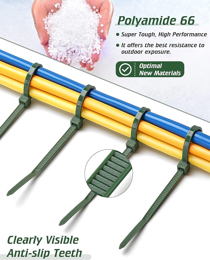 Premium PA66 Green Zip Ties, 4+8+10+12 Inch with 22-55lb Strength, Heavy Duty Self-locking Nylon Cable Ties, Decoration Tie Wraps for Holiday Lights Gardening Plants Fence Grid Wall, 200pcs Green