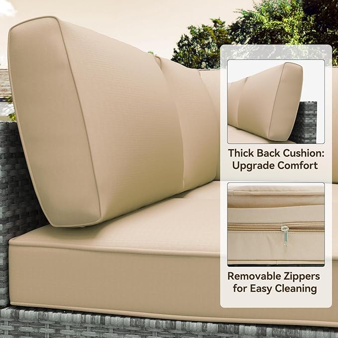 Outdoor Replacement Cushions for Patio Furniture,Water-Resistant Sofa Cushion for Rattan Wicker Sectional Patio Conversation Sets,14-Piece Outdoor Couch Cushion, Khaki