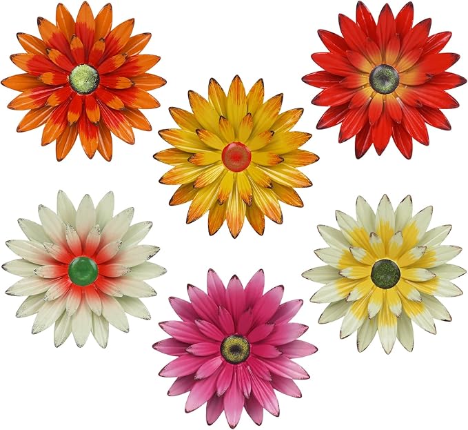 hogardeck Metal Flower Wall Decor for Indoor Outdoor, Kitchen Decor Floral Metal Wall Art, Wall Decor for Bathroom, Living Room, Porch, Garden, Yard, Backyard （6 Pcs 6'' ）