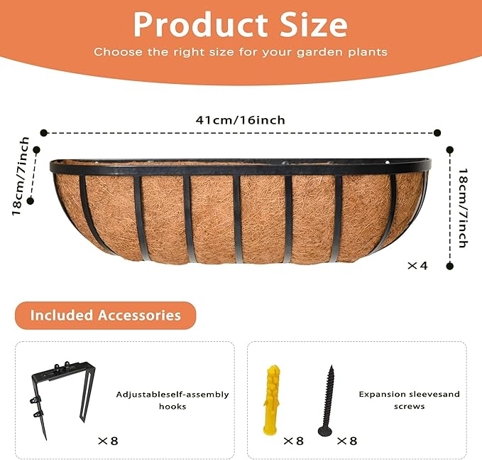 4 Pack 16" Railing Planter Window Box with Coco Fiber Liner Horse Trough Planter The Railing Planters Boxes for Deck Porch Fence Outdoor