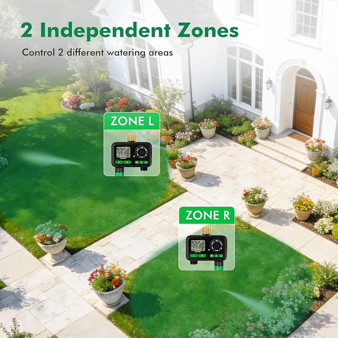 RESTMO 2 Zone Programmable Sprinkler Timer for Outdoor Hose Faucet, Automatic Irrigation Timer with Brass Inlet & Large Dial, Rain Delay, 11h59m Max Run Time, for Garden Soaker Hose, Lawn Watering