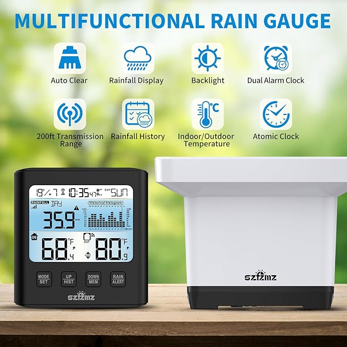 Wireless Rain Gauge Outdoor with Self-Emptying, Backlight, Thermometer, Rain Collector Monitoring Rainfall, Digital Rain Gauge for Yard, Electronic Rain Measure Gauge, Freeze Proof Rainfall Measurer